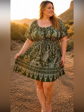 Lotus Traders batik Boho Mini Dress Womens 3X Green Peasant Flowy Tie Waist B3